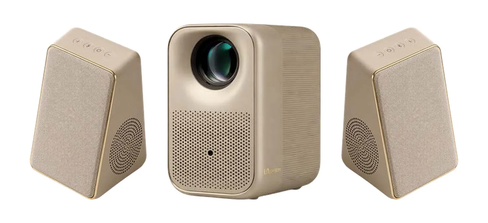 The projector in beige between two beige speakers with gold rims