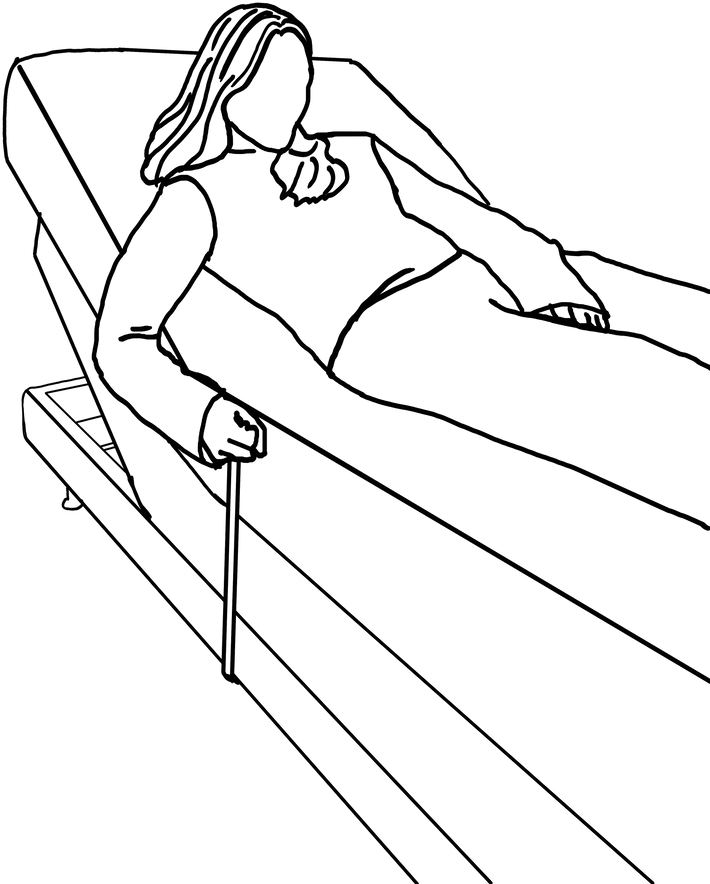 Line drawing of a woman lying in a raised bed, reaching down to pull a handle at the side of the frame.