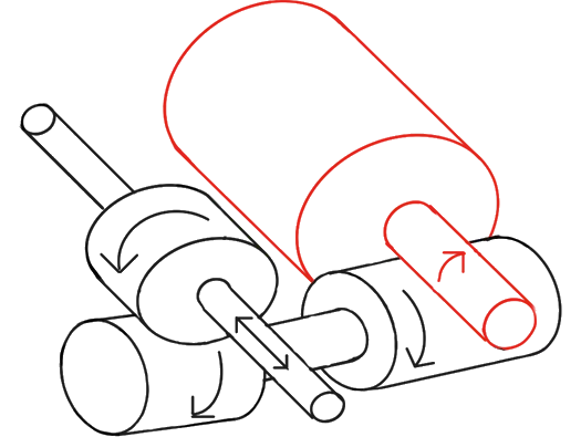 Line drawing of the drivetrain as cylinders, with the motor highlighted in red