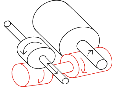 The same drawing with the worm gear, shaft and helical gear highlighted in red