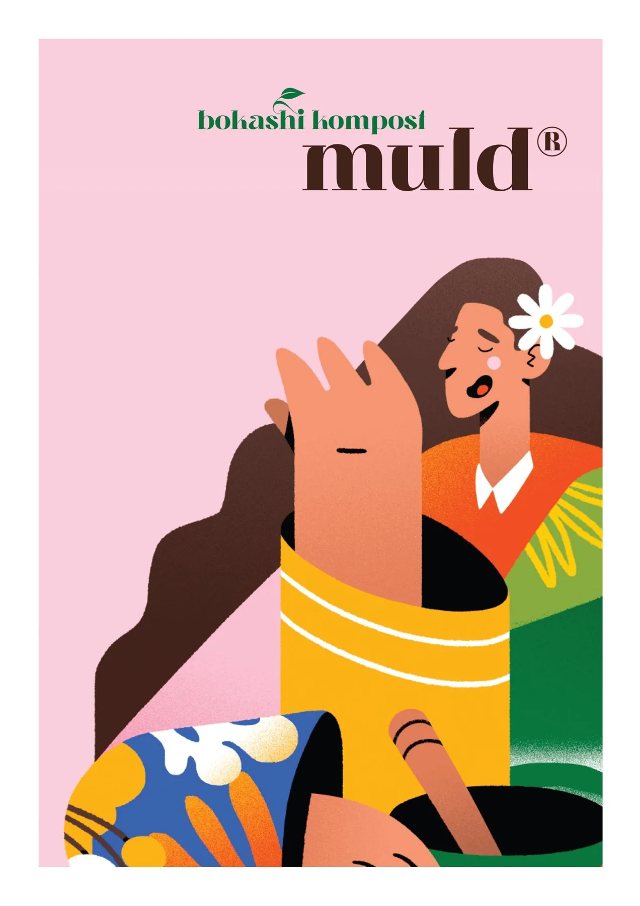 A3 poster on pink: the Muld logo above an illustration of a woman with a flower in her hair, holding a yellow bucket