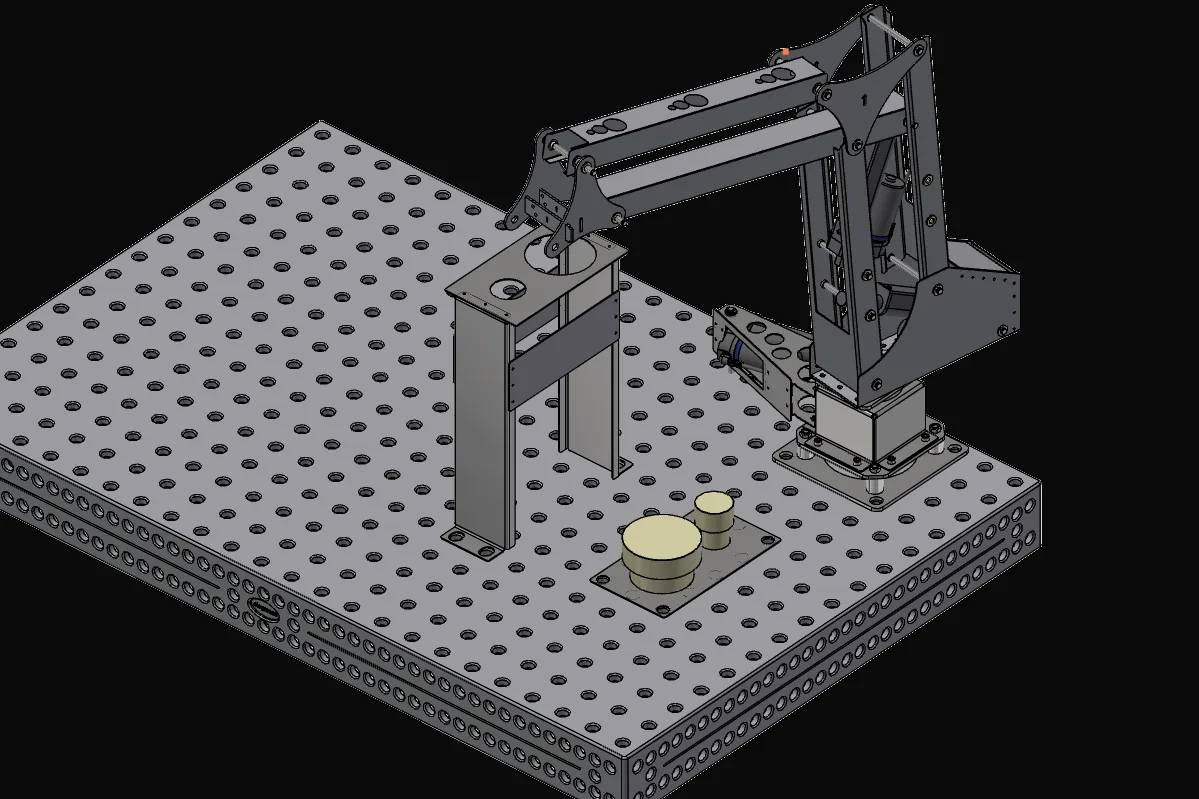 CAD model of the whole setup: perforated table, the arm on its rotating base, the high drop-off platform and the two parts on the low pickup plate.