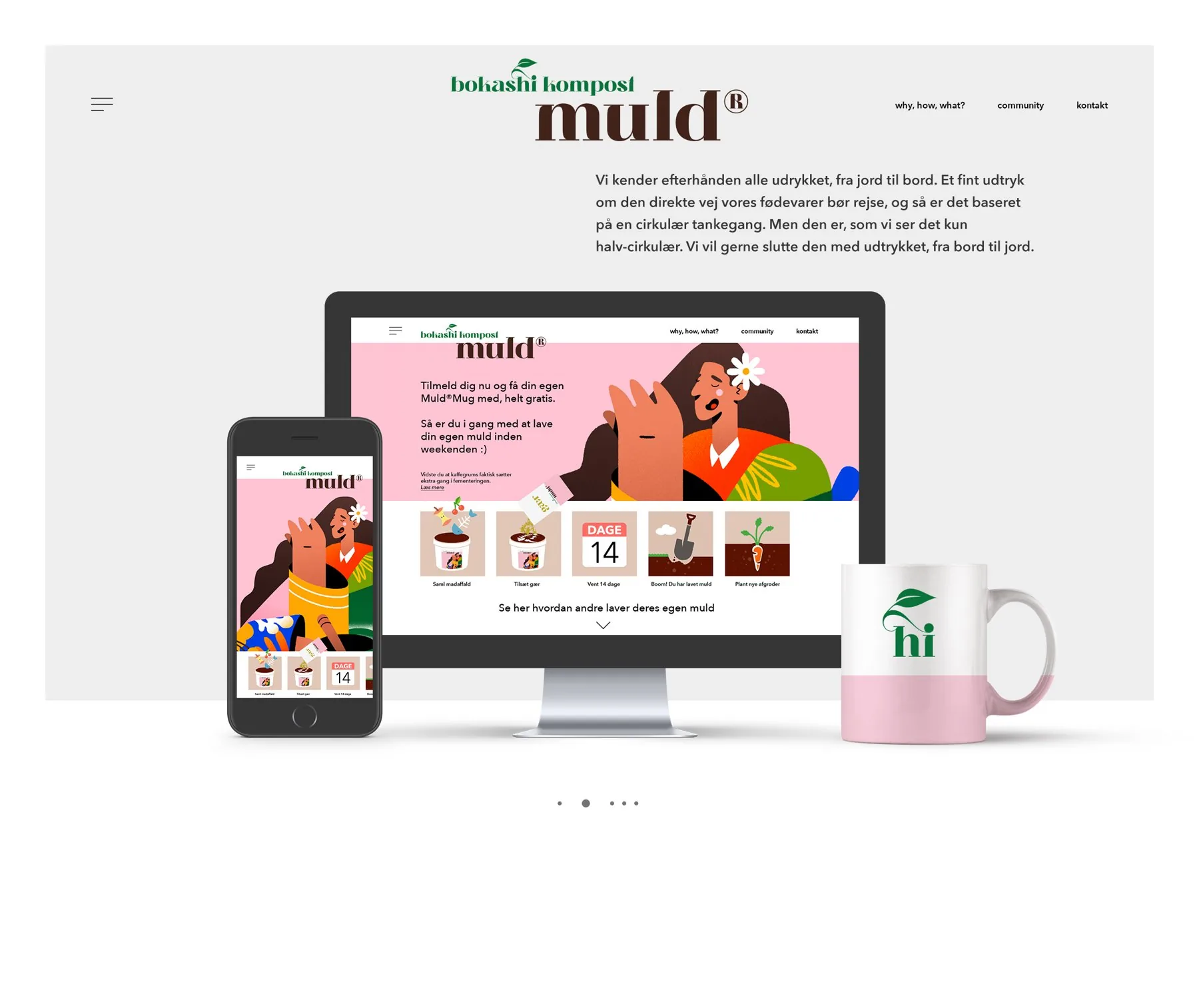 Website concept on a desktop and phone, with a pink Muld mug beside them