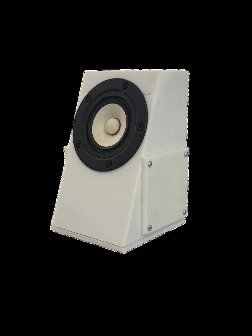 First test speaker: a white 3D-printed box with the driver exposed