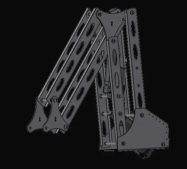 Early CAD of the arm, three-quarter view: flat link plates with oval cut-outs and triangular joint plates.