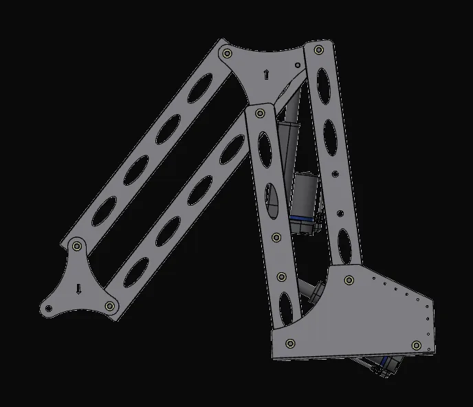 Early CAD of the arm, side view, with the two linear actuators visible inside the lower frame.