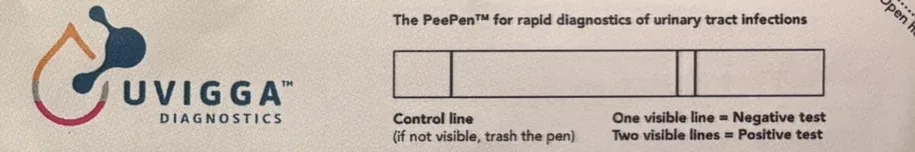 The printed packaging card: Uvigga logo, the PeePen line and the guide to reading the test