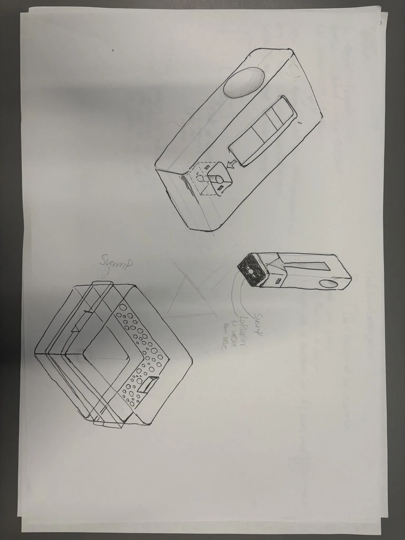 Concept sketches: a box-shaped reader with a slot for a strip cartridge, a cartridge with a sponge end and air holes, and a square holder with perforations.