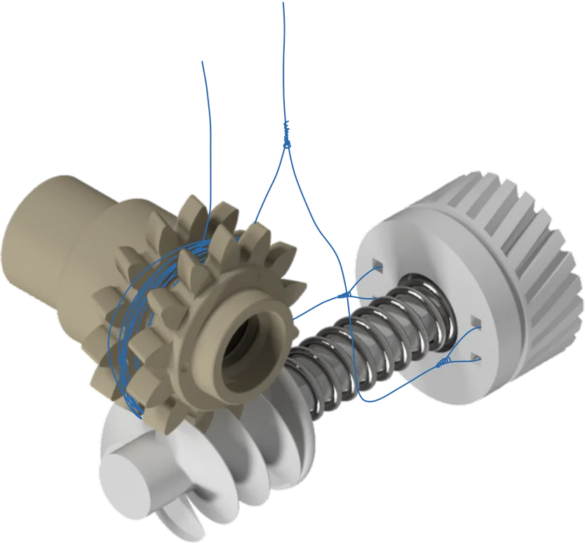 Render of the new parts: the beige gear nut wrapped with blue string, the white worm wheel split from its gear on a spring-loaded shaft, and strings leading up to the handles.