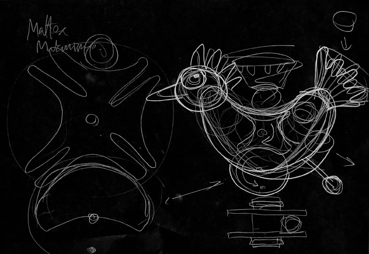 Pencil sketches on black paper: the Geneva star and an early, rounder hen
