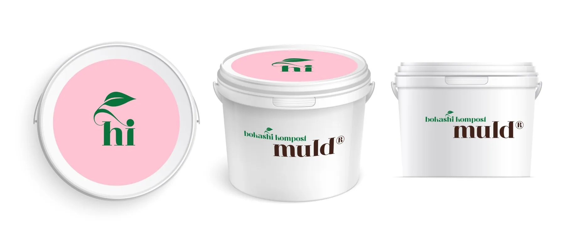 Three white buckets: the lid from above with a pink hi sticker, and two side views with the Muld logo