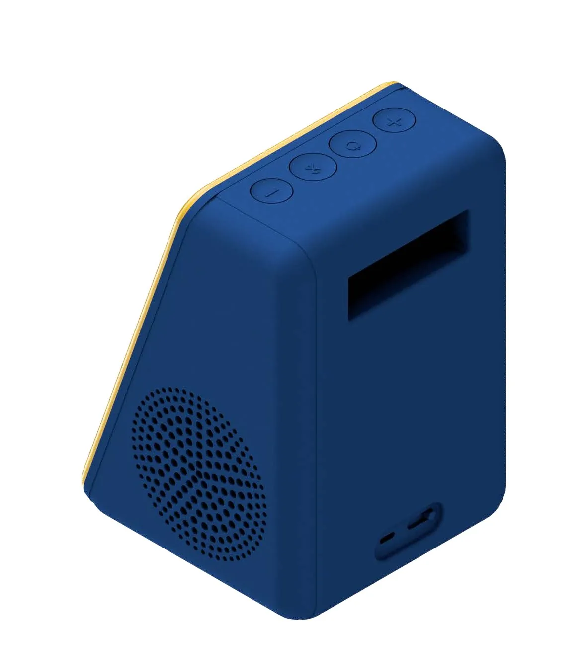 Render of the back: handle recess, round bass holes and USB-C