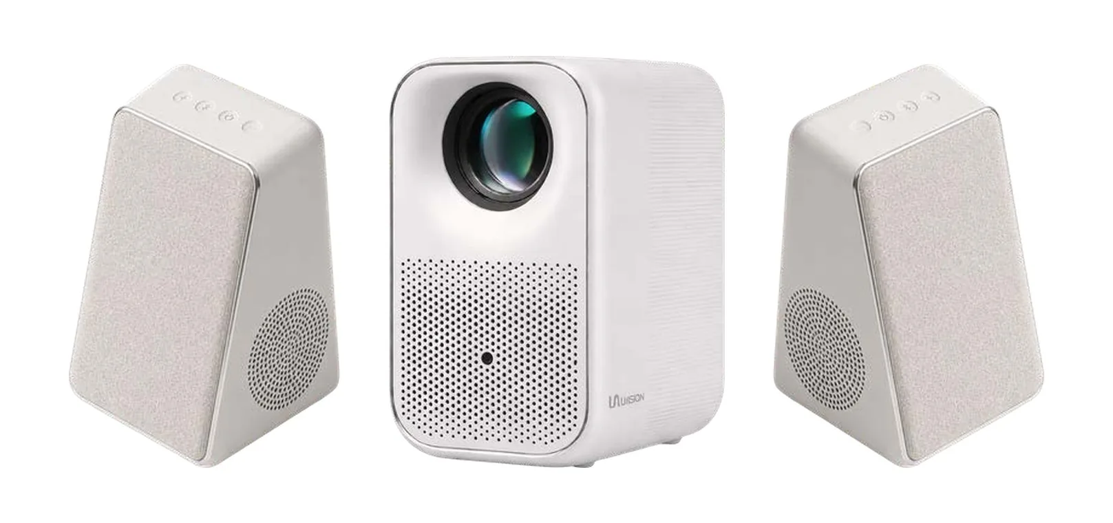 The projector in white between two white speakers with fabric fronts