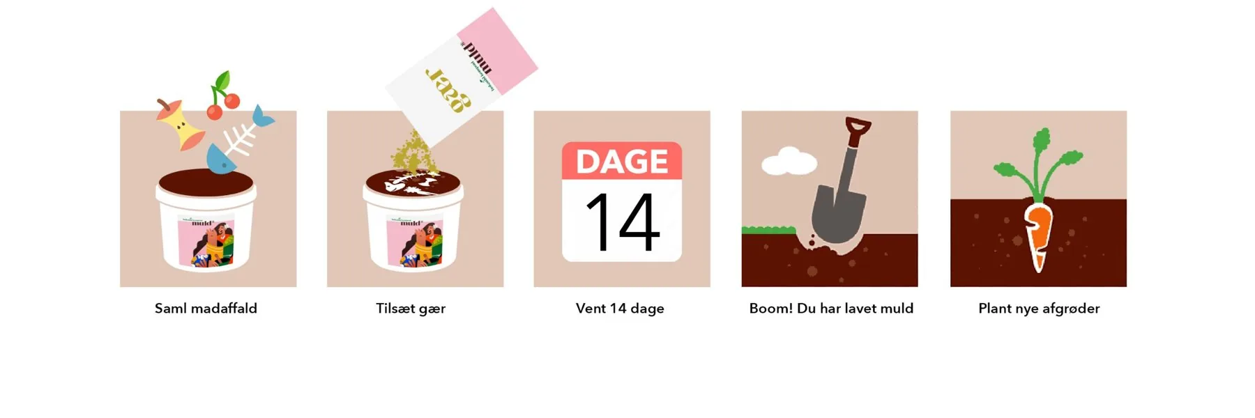 Five illustrated steps: collect food waste, add yeast, wait 14 days, you made soil, plant new crops