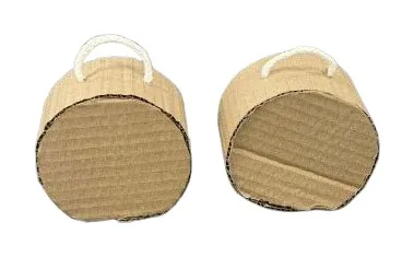 Two round cardboard speakers with hanging loops