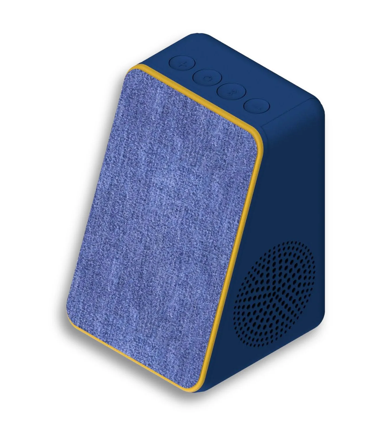 Render of the speaker from the front: blue fabric front framed by a gold rim, four buttons on top