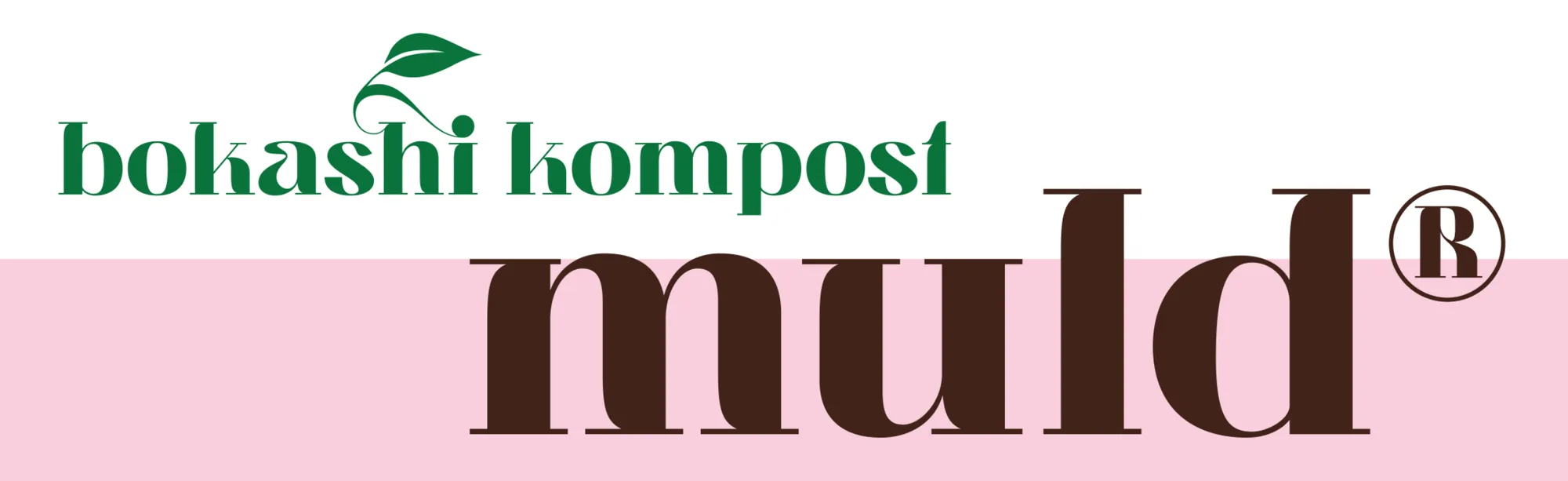 The Muld logo: 'bokashi kompost' in green with a leaf, above 'muld' in large brown serif letters. The background is white above and pink below, split behind the word muld.