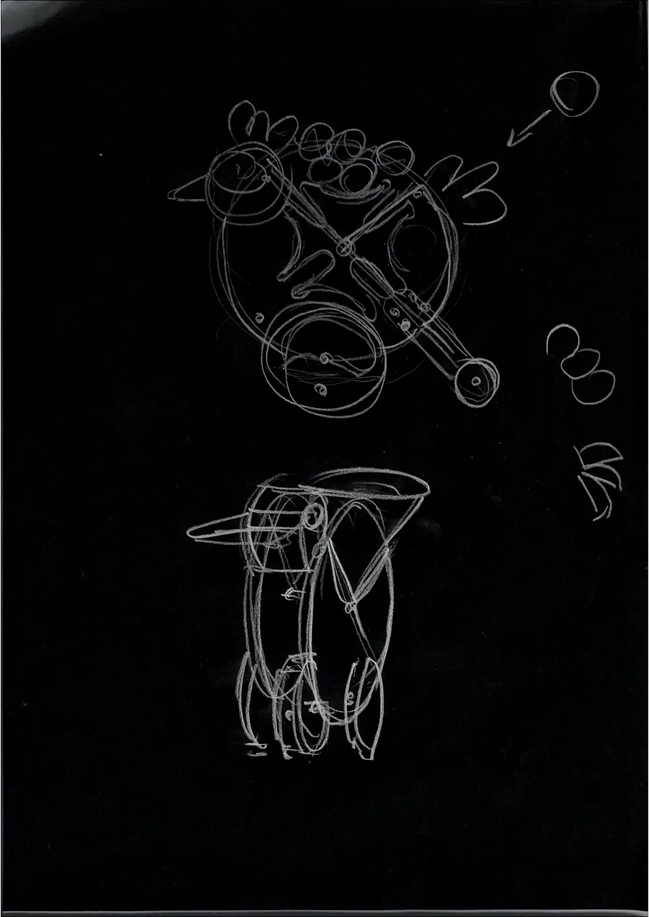 Pencil sketches on black paper: the hen reduced to circles and a crank