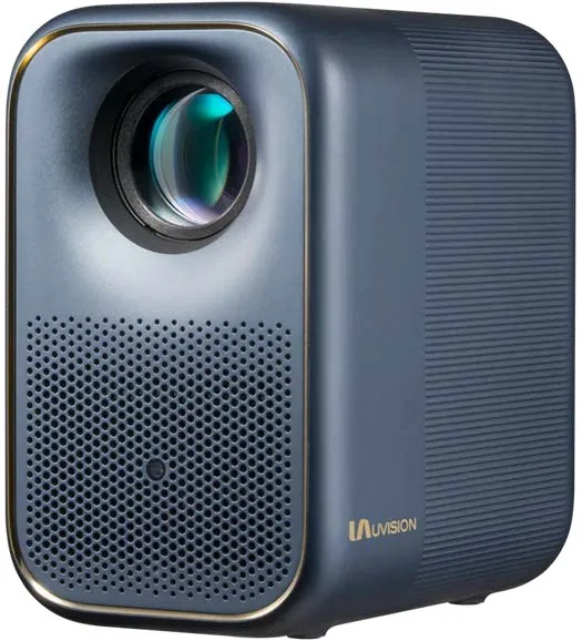 Uvision AllPlay Smart Projector: a compact dark-blue cube with the lens top left and a speaker grille below